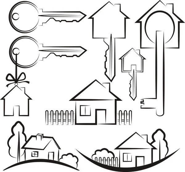 家庭和家庭的关键矢量图标和符号 卡通财产和房地产 — 图库矢量图片