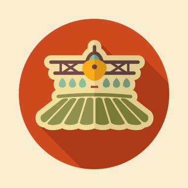Tarla ilaçlama uçağı bir çiftlik ikonu püskürtüyor. Tarım işareti. Web sitenizin tasarımı için grafik sembolü, logo, uygulama, UI. Vektör illüstrasyonu, EPS10.