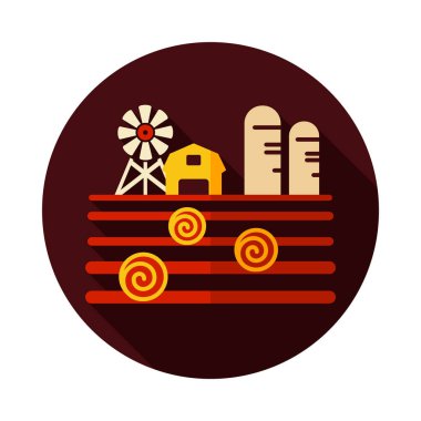 Çiftlik manzarası, ahır, rüzgar pompası, saman yığını ve ambar ikonu. Tarım işareti. Web sitenizin tasarımı için grafik sembolü, logo, uygulama, UI. Vektör illüstrasyonu, EPS10.