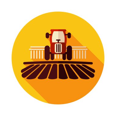 Traktör, Dünya 'yı bir kırsal manzara ikonu olarak işliyor. Tarım işareti. Web sitenizin tasarımı için grafik sembolü, logo, uygulama, UI. Vektör illüstrasyonu, EPS10.