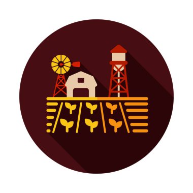 Çiftlik manzarası, ahır, rüzgâr pompası, fide ve su kulesi ikonu. Tarım işareti. Web sitenizin tasarımı için grafik sembolü, logo, uygulama, UI. Vektör illüstrasyonu, EPS10.