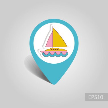 Bir yelken vektör PIN harita simgesi ile tekne. Deniz harita işaretçi. Yaz harita işaretleri. Tatil. Yaz. Tatil, eps 10
