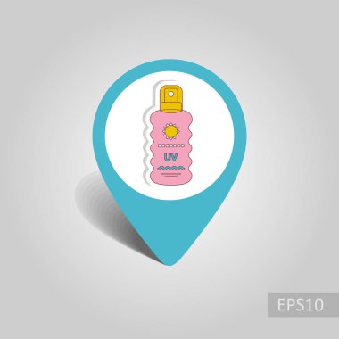 Güneş kremi sprey vektör PIN harita simgesi. Harita-Beach işaretçi. Yaz harita işaretleri. Tatil. Yaz. Tatil, eps 10