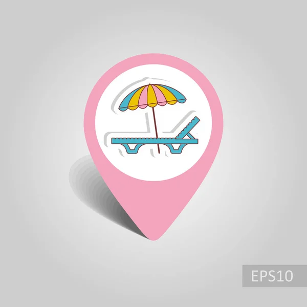 Salón Chaise Playa Con Paraguas Vector Pin Mapa Icono Puntero — Vector de stock