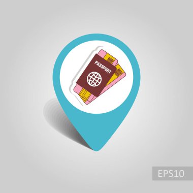 Pasaport ve bilet vektör PIN harita simgesi. Seyahat harita işaretçi. Yaz harita işaretleri. Yaz. Tatil, eps 10