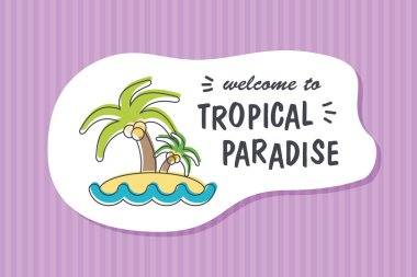 Renkli sevimli elle çizilmiş yaz kartları, arka plan. T-shirt için vektör çizimler, poster yazdırır. Tatil, seyahat, tatil tema. Tropikal cennete hoş geldiniz