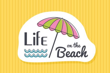 Renkli sevimli elle çizilmiş yaz kartları, arka plan. T-shirt için vektör çizimler, poster yazdırır. Tatil, seyahat, tatil tema. Sahilde hayat