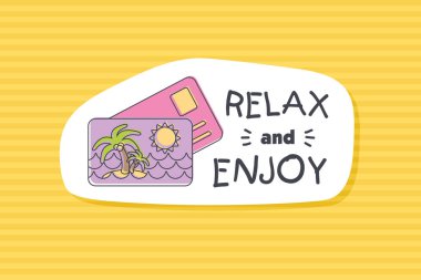 Renkli sevimli elle çizilmiş yaz kartları, arka plan. T-shirt için vektör çizimler, poster yazdırır. Tatil, seyahat, tatil tema. Rahatla ve keyfini çıkar