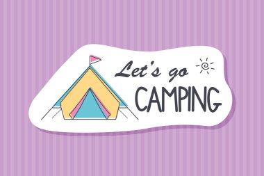 Renkli sevimli elle çizilmiş yaz kartları, arka plan. T-shirt için vektör çizimler, poster yazdırır. Tatil, seyahat, tatil tema. Kamp gidelim