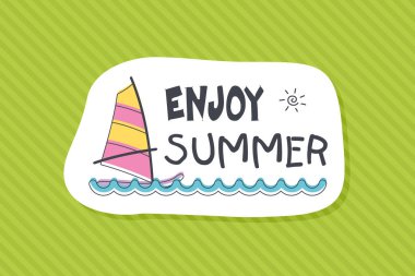 Renkli sevimli elle çizilmiş yaz kartları, arka plan. T-shirt için vektör çizimler, poster yazdırır. Tatil, seyahat, tatil tema. Yaz keyfini çıkarın