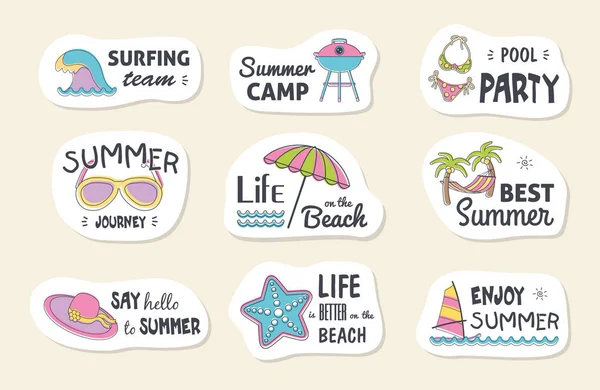 Renkli sevimli elle çizilmiş yaz kartları, arka plan. T-shirt için vektör çizimler, poster yazdırır. Tatil, seyahat, tatil Tema.