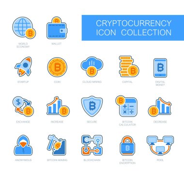 Kripto para birimi ve blok zinciri simgeleri. Engelleme teknolojisinin vektör tasarımı, bitcoin, altsikkeler, kripto para madenciliği, finans, dijital para piyasası