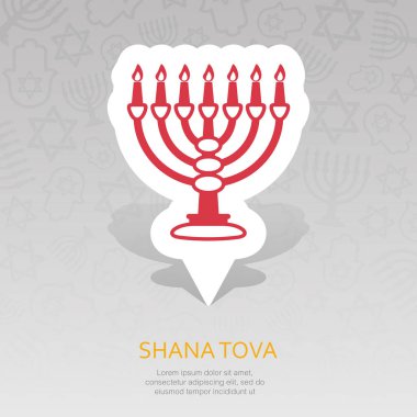 Yedi Kollu Şamdan. Rosh Hashanah PIN harita simgesi. Shana tova harita işaretçi. Tatlı ve mutlu yeni yıl İbranice. Harita işareti. Web sitesi tasarımı, logo, app, Kullanıcı arabirimi için grafik sembolü. Vektör çizim