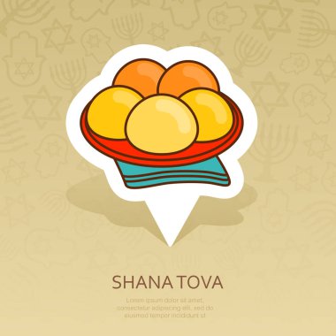 Hanuka halka. Geleneksel Yahudi tatil yiyecek. Rosh Hashanah PIN harita simgesi. Shana tova harita işaretçi. Tatlı ve mutlu yeni yıl İbranice. Harita işareti. Vektör çizim
