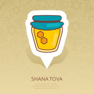 Kavanoz bal. Rosh Hashanah PIN harita simgesi. Shana tova harita işaretçi. Tatlı ve mutlu yeni yıl İbranice. Harita işareti. Web sitesi tasarımı, logo, app, Kullanıcı arabirimi için grafik sembolü. Vektör çizim