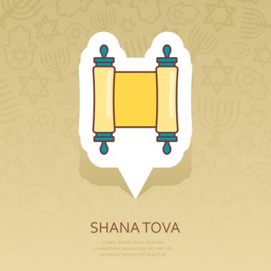Tevrat kaydırma. Rosh Hashanah PIN harita simgesi. Shana tova harita işaretçi. Tatlı ve mutlu yeni yıl İbranice. Harita işareti. Web sitesi tasarımı, logo, app, Kullanıcı arabirimi için grafik sembolü. Vektör çizim