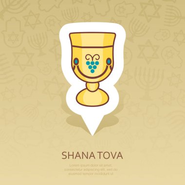 Şarap Kupası. Rosh Hashanah PIN harita simgesi. Shana tova harita işaretçi. Tatlı ve mutlu yeni yıl İbranice. Harita işareti. Web sitesi tasarımı, logo, app, Kullanıcı arabirimi için grafik sembolü. Vektör çizim