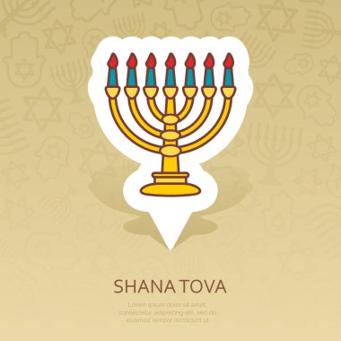 Yedi Kollu Şamdan. Rosh Hashanah PIN harita simgesi. Shana tova harita işaretçi. Tatlı ve mutlu yeni yıl İbranice. Harita işareti. Web sitesi tasarımı, logo, app, Kullanıcı arabirimi için grafik sembolü. Vektör çizim