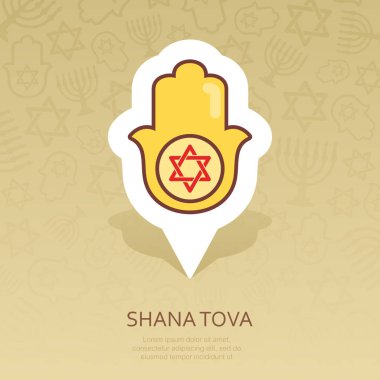 Hamza el. Rosh Hashanah PIN harita simgesi. Shana tova harita işaretçi. Tatlı ve mutlu yeni yıl İbranice. Harita işareti. Web sitesi tasarımı, logo, app, Kullanıcı arabirimi için grafik sembolü. Vektör çizim