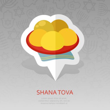 Hanuka halka. Geleneksel Yahudi tatil yiyecek. Rosh Hashanah PIN harita simgesi. Shana tova harita işaretçi. Tatlı ve mutlu yeni yıl İbranice. Harita işareti. Vektör çizim