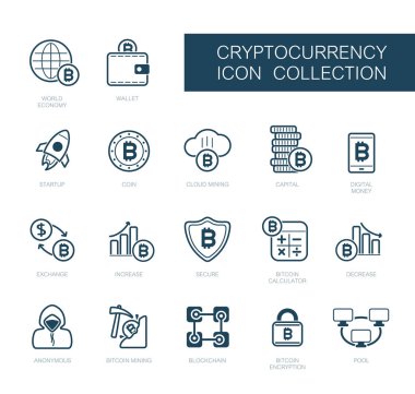 Kripto para birimi ve blok zinciri simgeleri. Engelleme teknolojisinin vektör tasarımı, bitcoin, altsikkeler, kripto para madenciliği, finans, dijital para piyasası