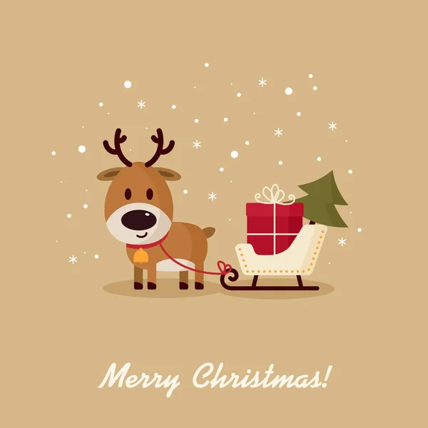 Cerf Père Noël Avec Traîneau Cadeau Sapin Noël Joyeux Noël — Image vectorielle