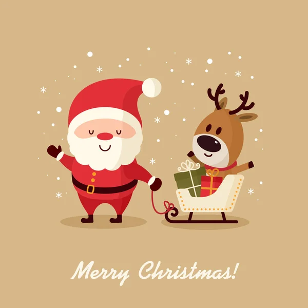 圣诞老人与鹿和礼物在雪橇 圣诞快乐 新年愉快 节日贺卡 孤立向量插图 — 图库矢量图片