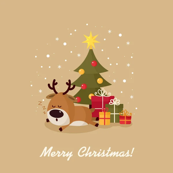 Cerf Noël Dort Sous Arbre Noël Avec Des Cadeaux Joyeux — Image vectorielle