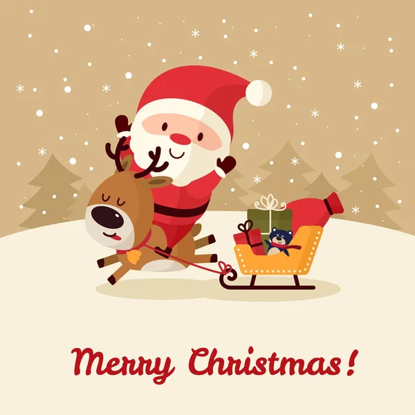 圣诞老人跳上鹿和雪橇 袋子与礼物 圣诞快乐 新年愉快 节日贺卡 孤立向量插图 — 图库矢量图片