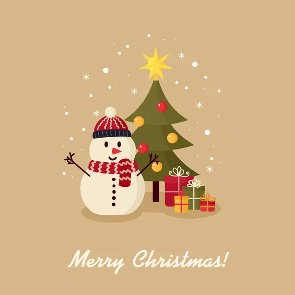 Hediyeler ile Noel ağacı yakınındaki kardan adam. Mutlu Noeller ve mutlu yeni yıl. Tatil tebrik kartı. İzole vektör çizim.