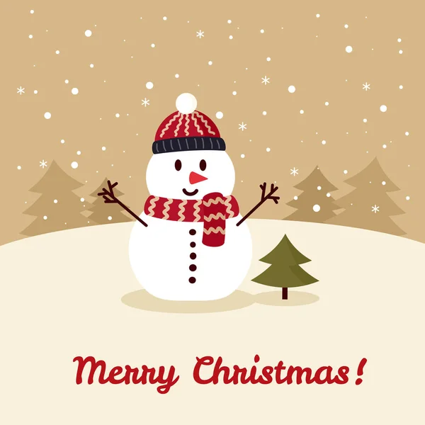 Sneeuwpop Muts Sjaal Met Kerstboom Prettige Kerstdagen Gelukkig Nieuwjaar Wenskaart — Stockvector