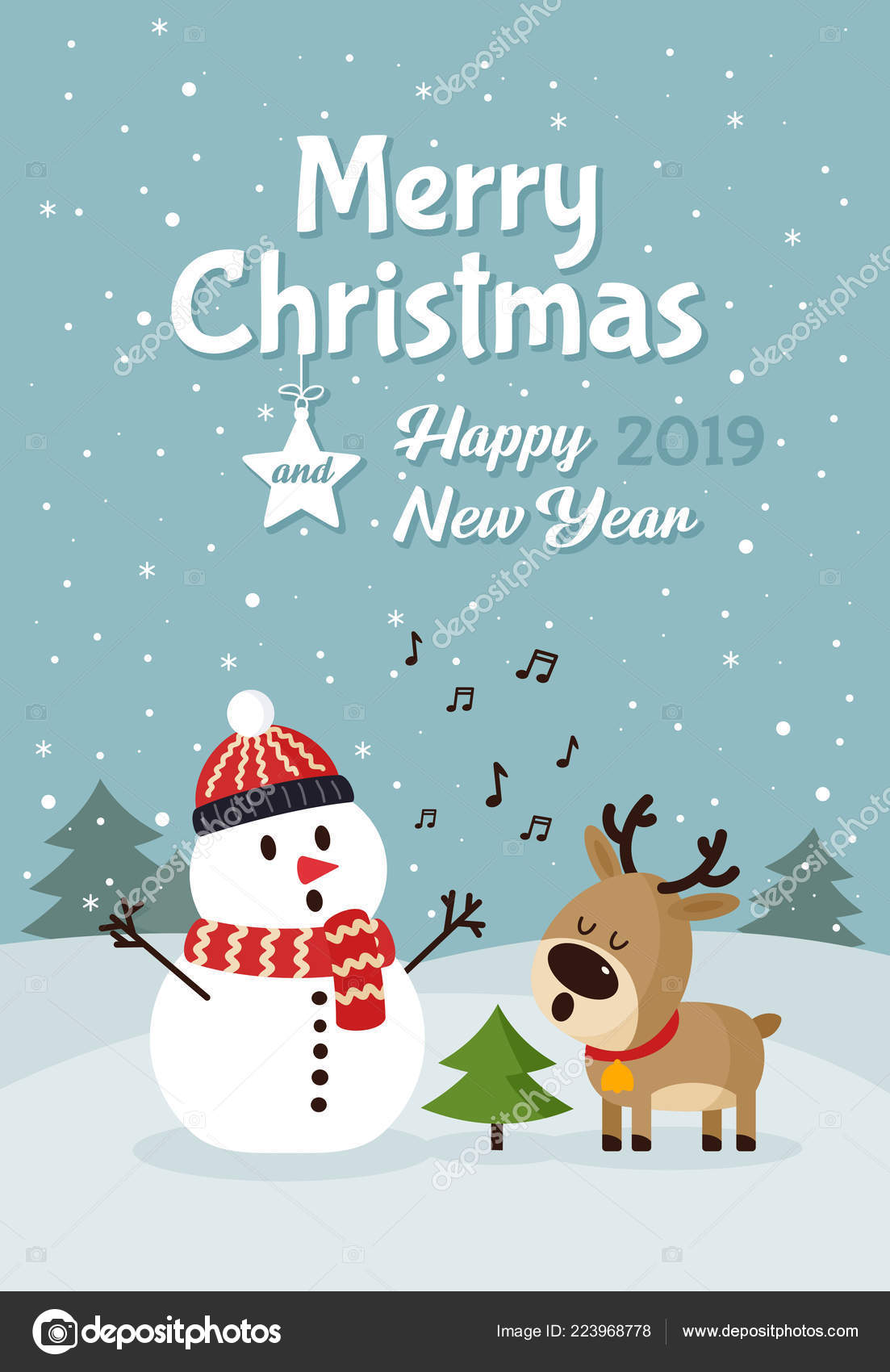 Snowman Deer Singing Song Christmas Tree Merry Christmas Happy New Vector Image By C Ayra Vector Stock