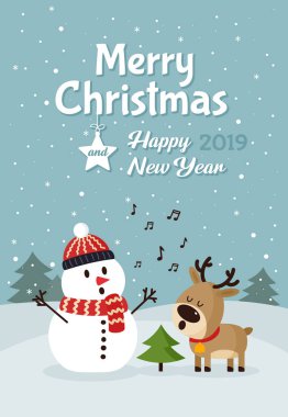 Geyik şarkı şarkı Noel ağacı yakınındaki ile kardan adam. Mutlu Noeller ve mutlu yeni yıl. Tatil tebrik kartı. İzole vektör çizim.
