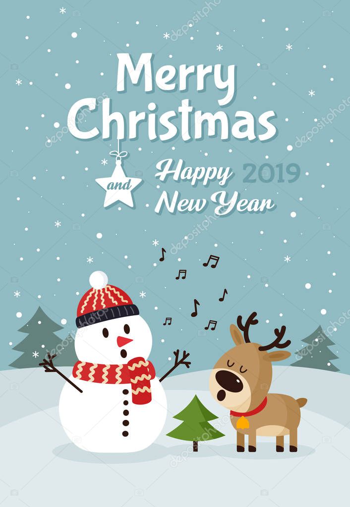 Snowman with deer singing song near Christmas tree. Merry Christmas and Happy New Year. Holiday greeting card. Isolated vector illustration.