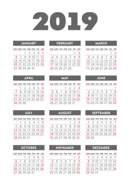 Vektör cep 2019 yılı takvimi. Pazar, eps 10 hafta başlıyor