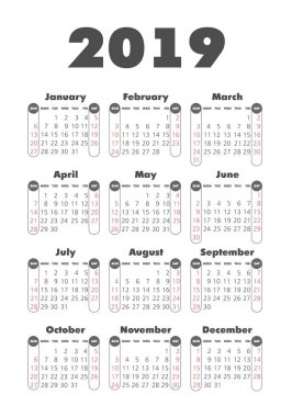 Vektör cep 2019 yılı takvimi. Pazar, eps 10 hafta başlıyor