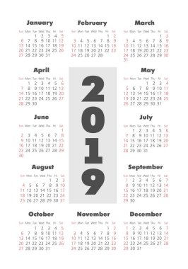 Vektör cep 2019 yılı takvimi. Pazar, eps 10 hafta başlıyor