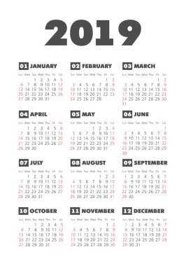 Vektör cep 2019 yılı takvimi. Pazar, eps 10 hafta başlıyor