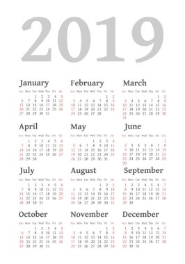 Vektör cep 2019 yılı takvimi. Pazar, eps 10 hafta başlıyor