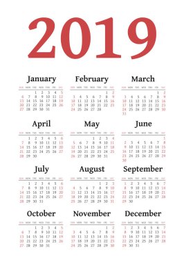 Vektör cep 2019 yılı takvimi. Pazar, eps 10 hafta başlıyor