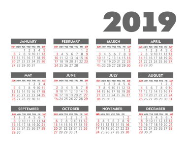 Vektör cep 2019 yılı takvimi. Pazar, eps 10 hafta başlıyor