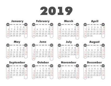 Vektör cep 2019 yılı takvimi. Pazar, eps 10 hafta başlıyor