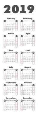 Vektör cep 2019 yılı takvimi. Pazar, eps 10 hafta başlıyor