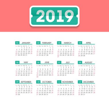 Takvim 2019 yıl. Pazar, eps 10 hafta başlıyor