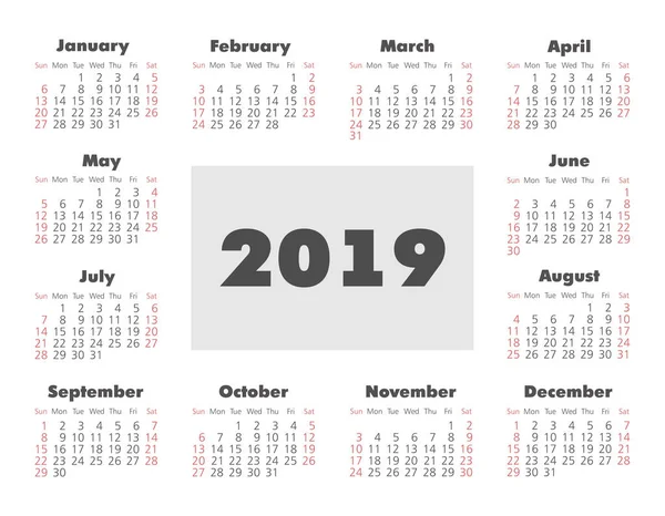 Vektör Cep 2019 Yılı Takvimi Pazar Eps Hafta Başlıyor — Stok Vektör