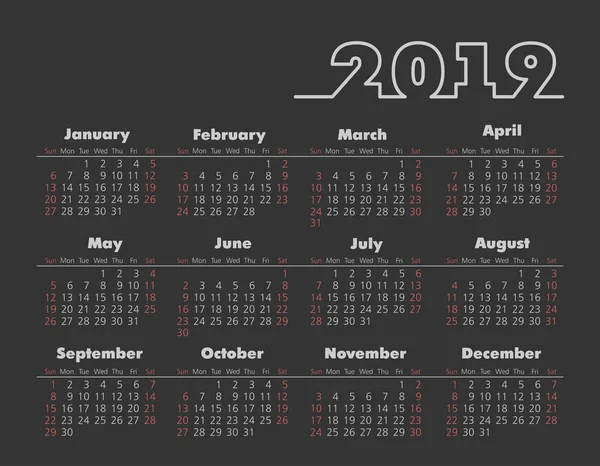 Bolso Vetorial 2019 Ano Calendário Semana Começa Partir Domingo Eps — Vetor de Stock