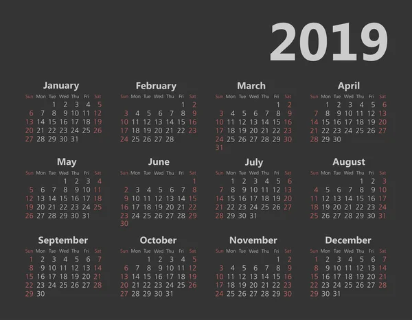 Bolsillo Vectorial 2019 Calendario Del Año Semana Comienza Domingo Eps — Vector de stock