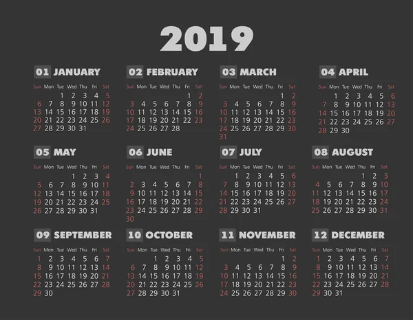 Календарь Векторного Кармана 2019 Года Неделя Начинается Воскресенья Eps — стоковый вектор