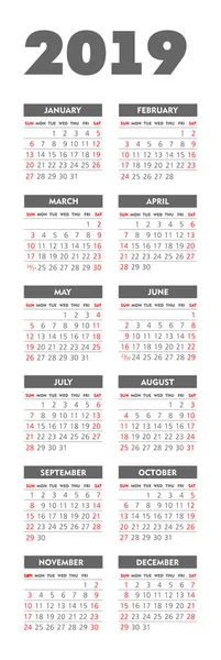 Bolsillo Vectorial 2019 Calendario Del Año Semana Comienza Domingo Eps — Archivo Imágenes Vectoriales