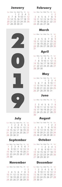 Tasca Vettoriale 2019 Calendario Anno Settimana Partire Domenica Eps — Vettoriale Stock